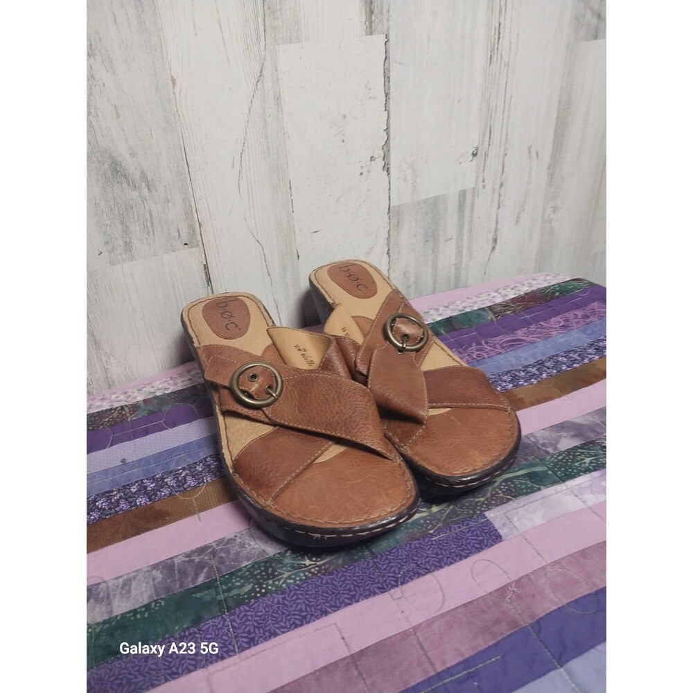 Born Women Open Toe Brown Leather Gold Wedge Sandal US 10